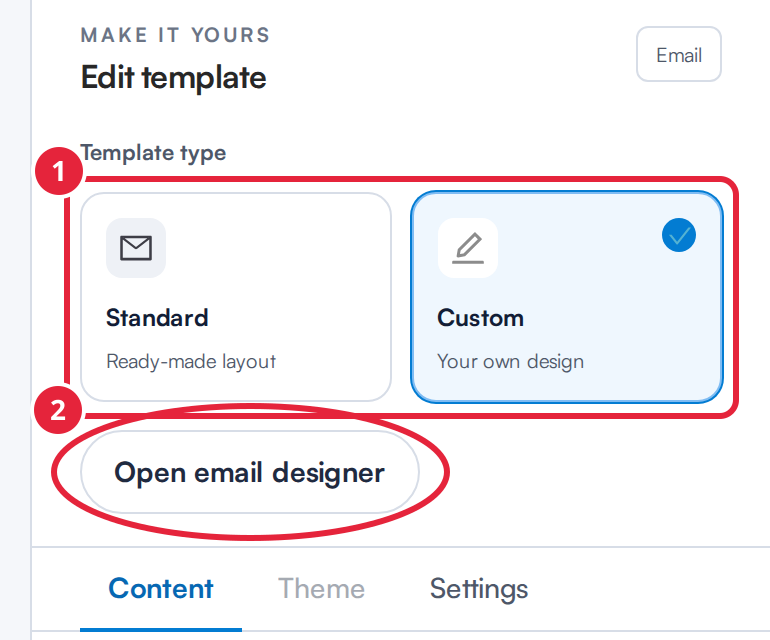 The Template type choice with Custom selected and the Open email designer button marked