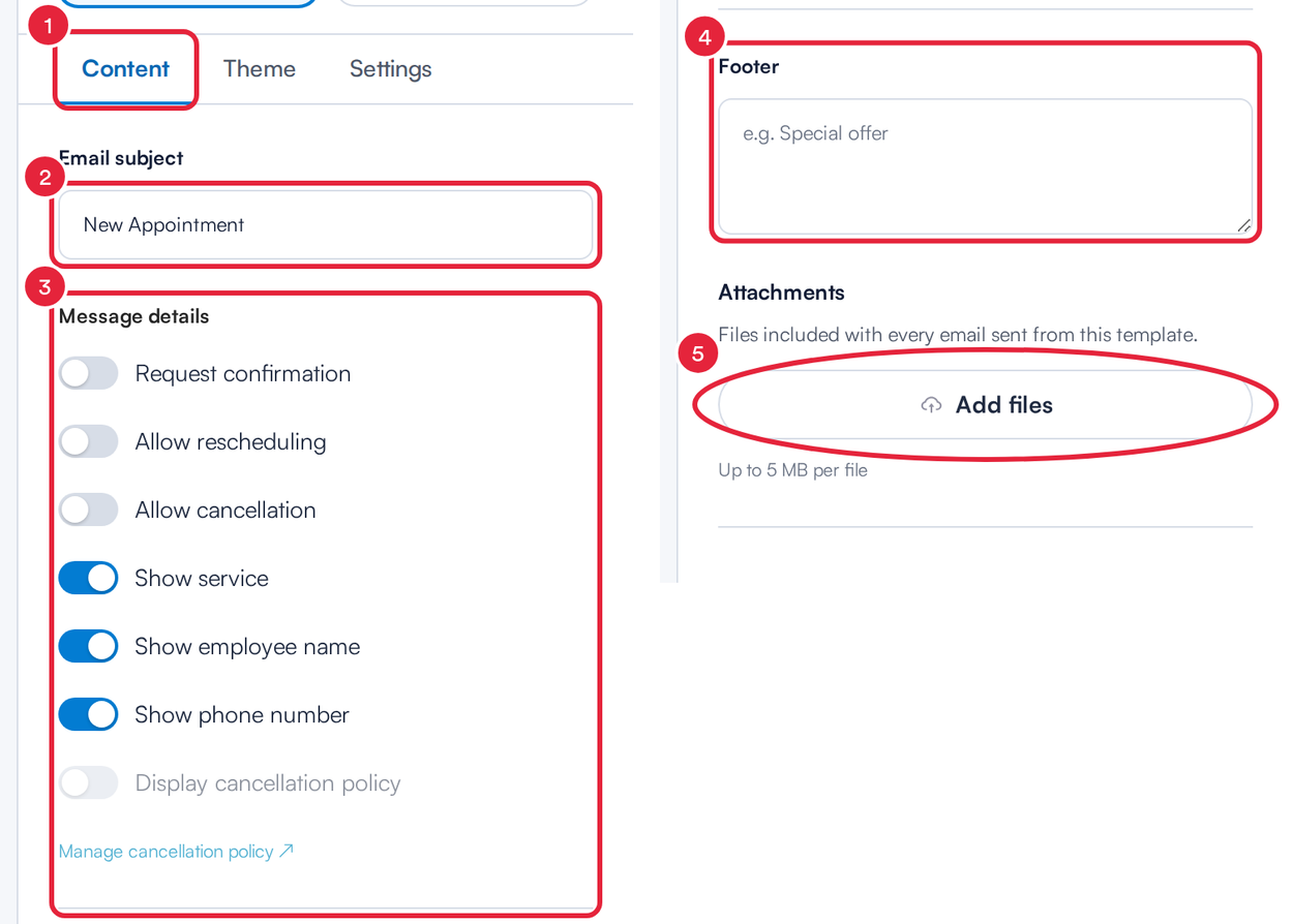 The Content tab with the Email subject and Message details marked on the left, and the Footer and Add files button marked on the right