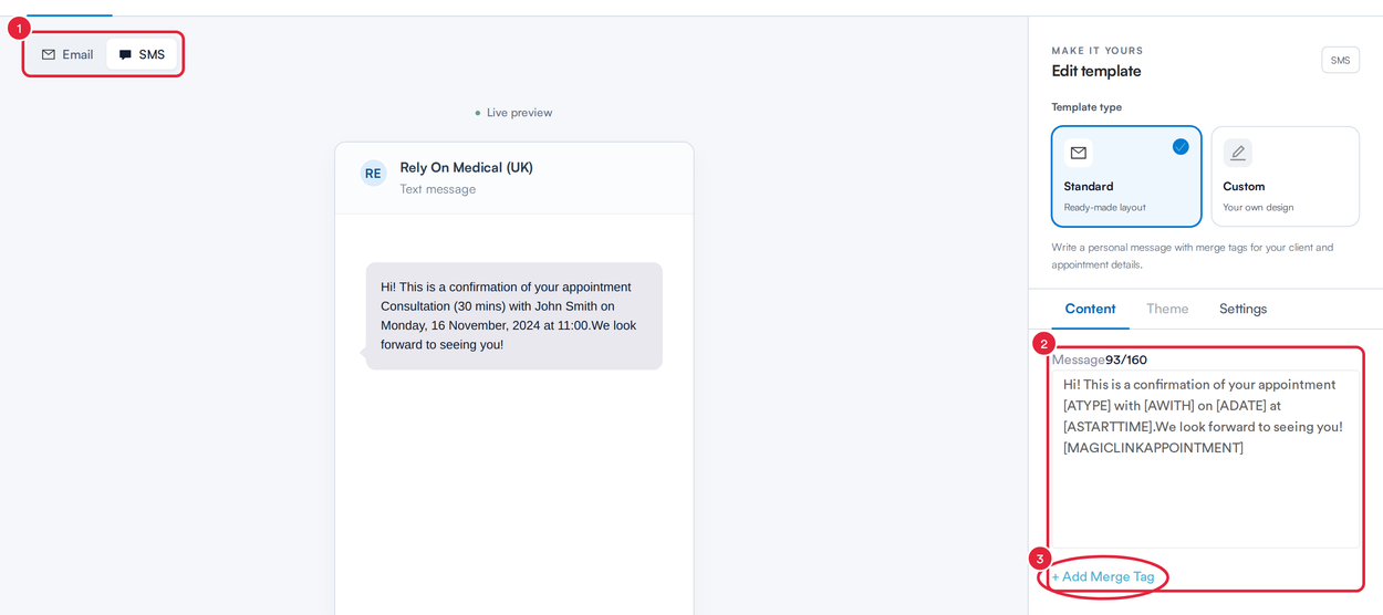 The SMS preview with the SMS switch, the Message box and the Add Merge Tag link marked