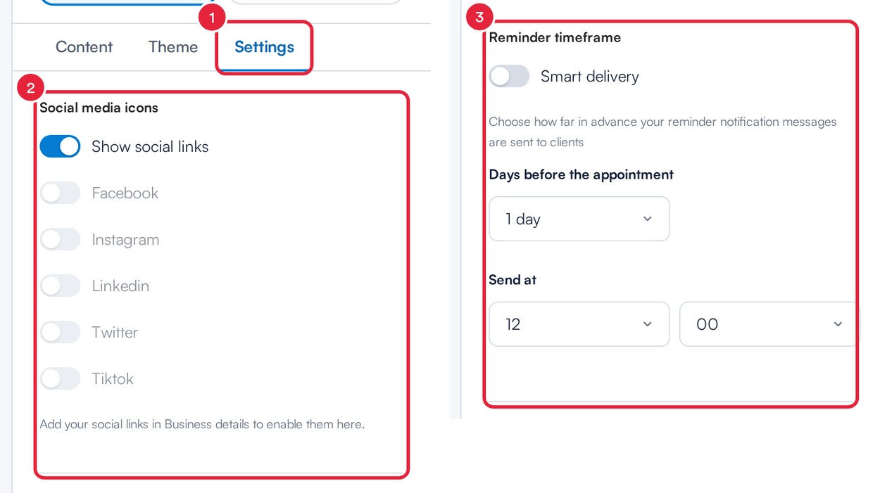 The Settings tab with Social media icons and the Reminder timeframe options marked