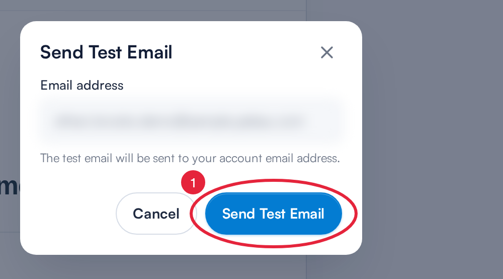 The Send Test Email window with the account email address blurred and the Send Test Email button marked