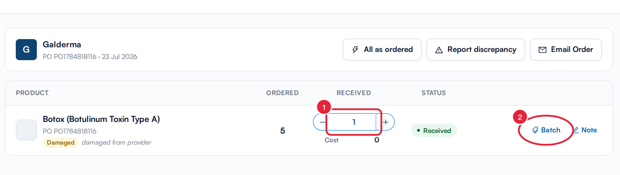 A product line on Receive items with the Received box and the Batch button marked