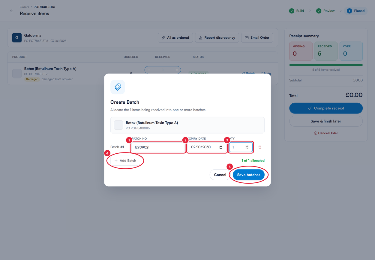 The Create Batch window with batch number, expiry date, quantity, Add Batch and Save batches marked