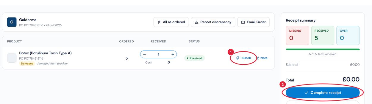 The line showing 1 Batch and the Complete receipt button marked