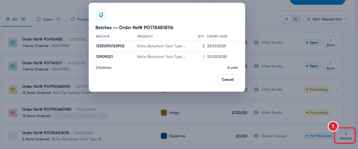 An order card with its batch count marked and the list of batches created from the order