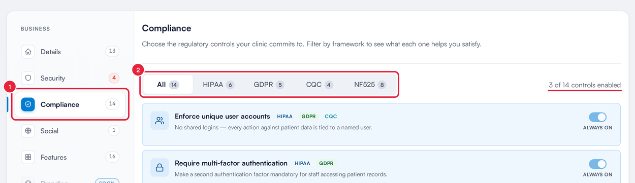 Business Details with Compliance selected and the framework filter marked