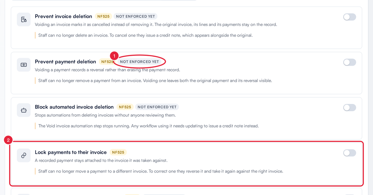 NF525 controls with a Not enforced yet badge and the Lock payments to their invoice control marked