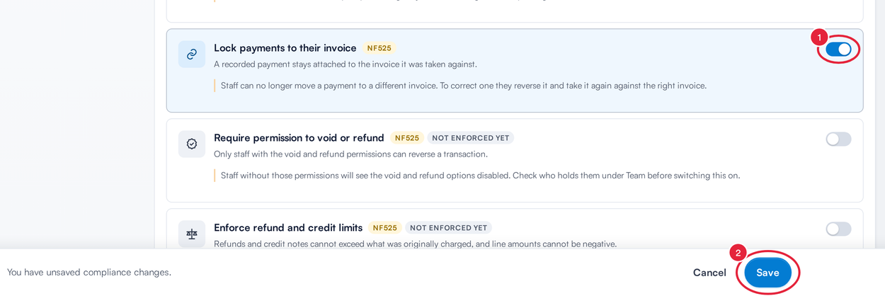 A control switched on and the Save button in the unsaved compliance changes bar