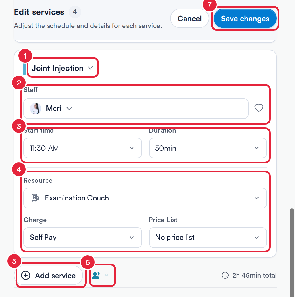 The Edit services view with the service name, staff, start time and duration, resource and charge fields, Add service, the add with another employee button and Save changes marked