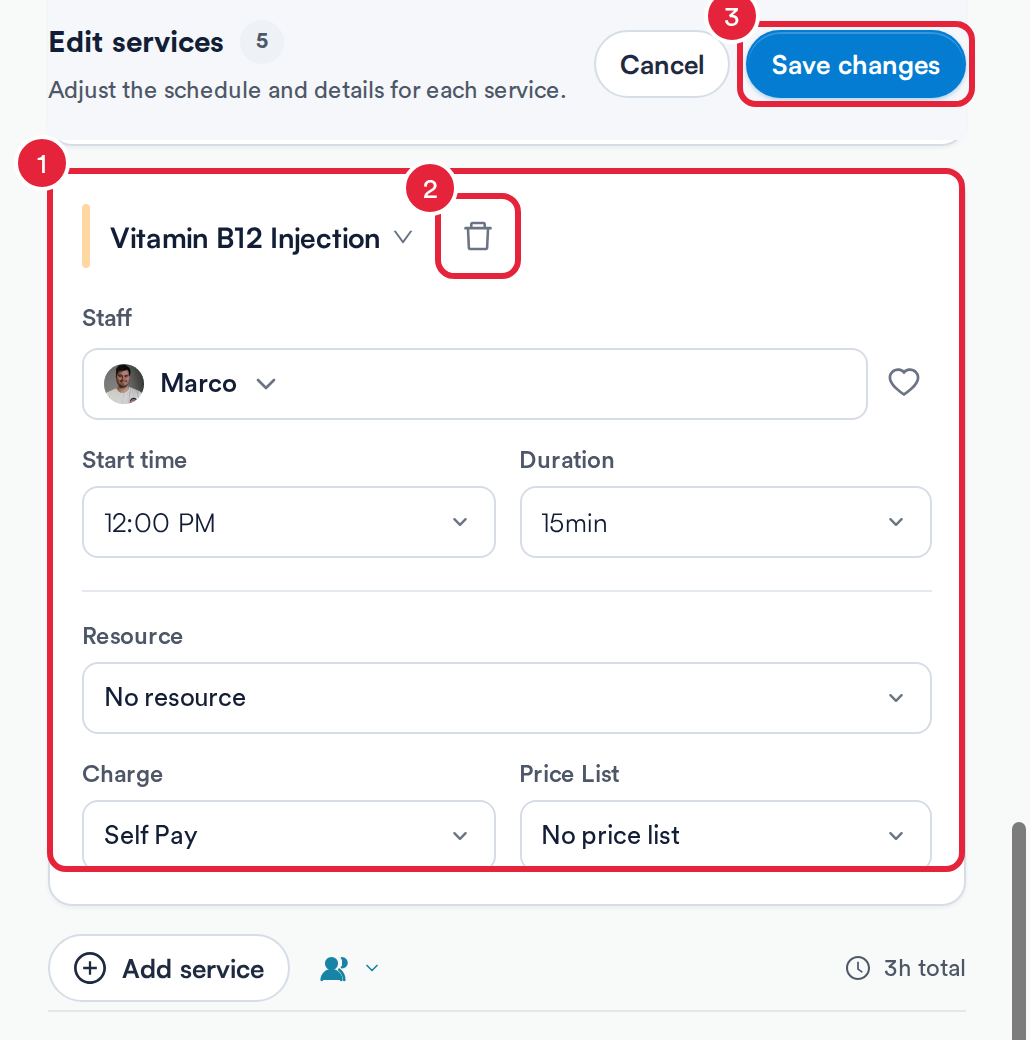 A newly added Vitamin B12 Injection card with a different team member, the remove button and Save changes marked