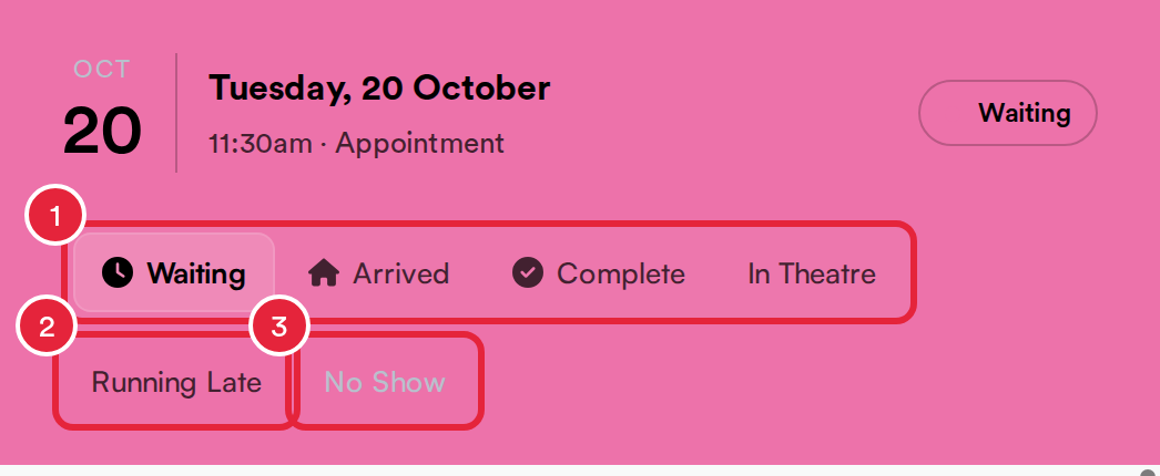 The status bar at the top of the booking panel with the statuses, Running Late and the greyed-out No Show marked