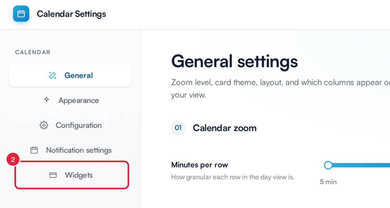 Calendar Settings with the Widgets tab marked