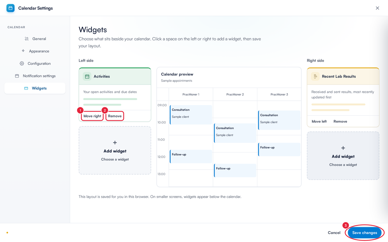The Widgets tab with Activities on the left and Recent Lab Results on the right, with Move right, Remove and Save changes marked