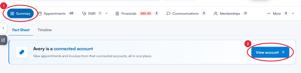 The Summary section of the client card with the connected account card and its View account button marked