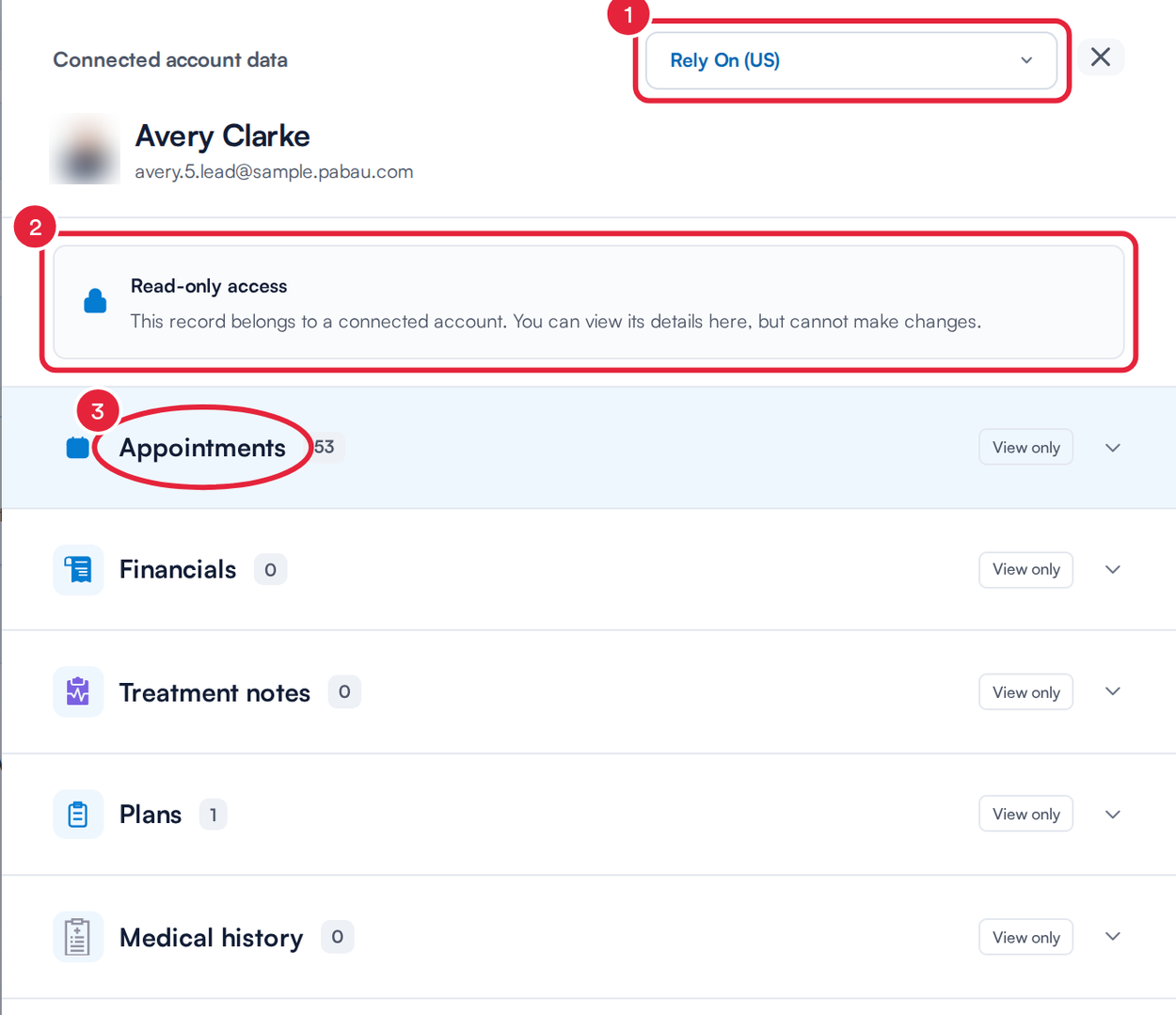 The Connected account data panel with the clinic list, the Read-only access banner and the Appointments section marked