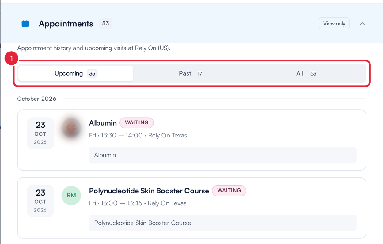 The Appointments section opened, with the Upcoming, Past and All filter marked