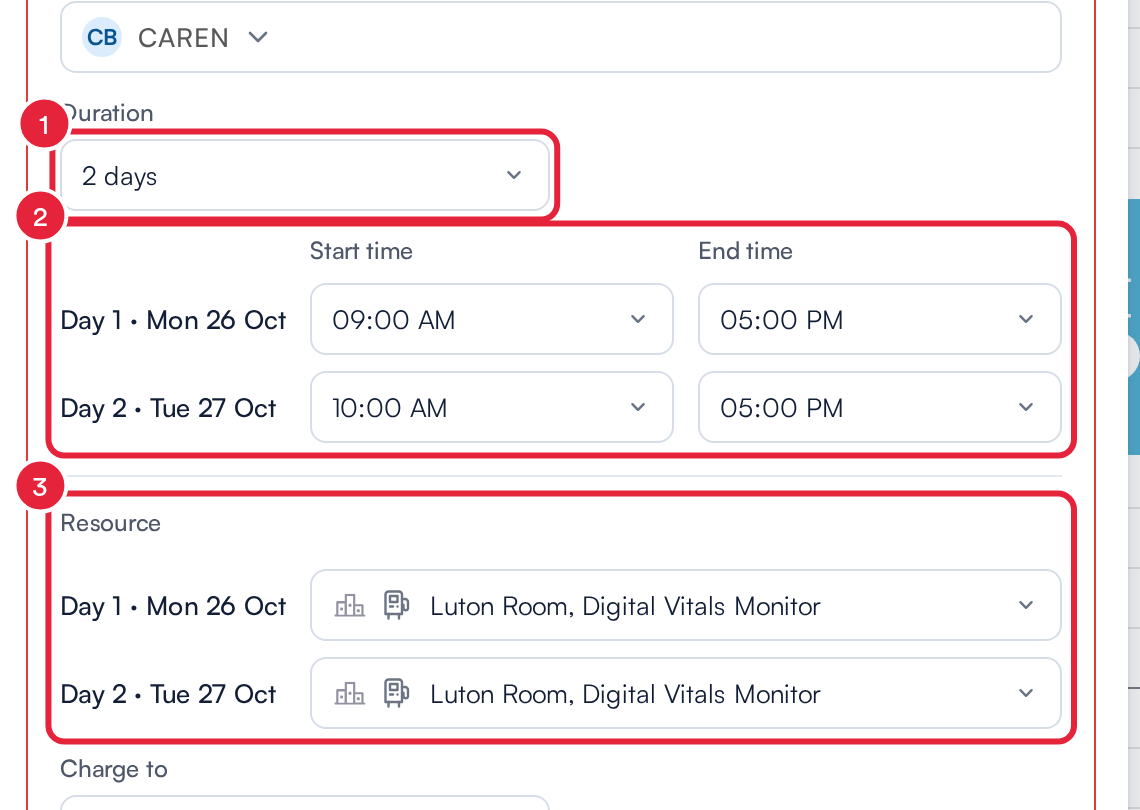 The service card with a duration of 2 days, the start and end time for each day and the resource for each day marked