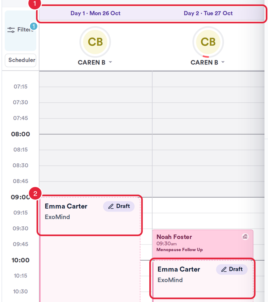 The calendar showing Day 1 and Day 2 columns side by side with a Draft card on each day marked