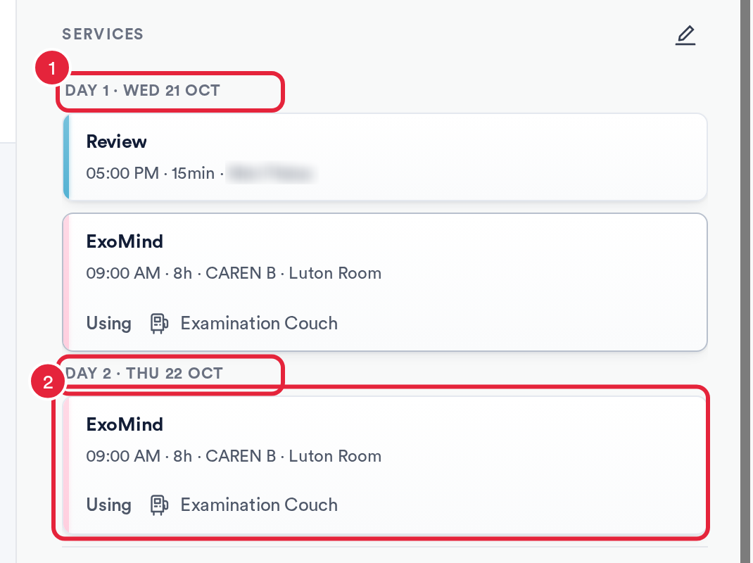 The Services section of the booking panel with the Day 1 and Day 2 headings and the second day's card marked
