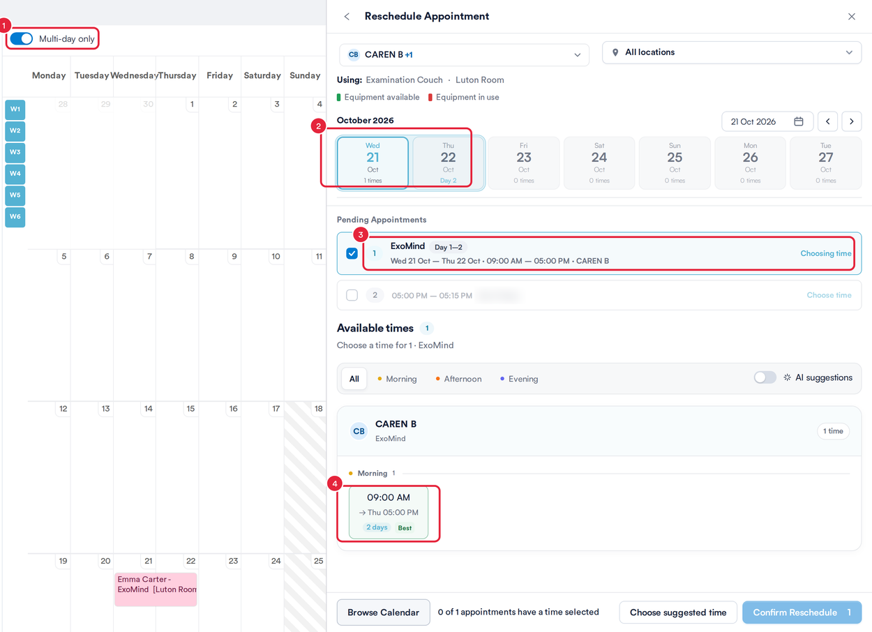 The Reschedule Appointment panel for a 2-day appointment with the Multi-day only switch, the highlighted days, the Day 1–2 pending appointment and a 2-day time marked