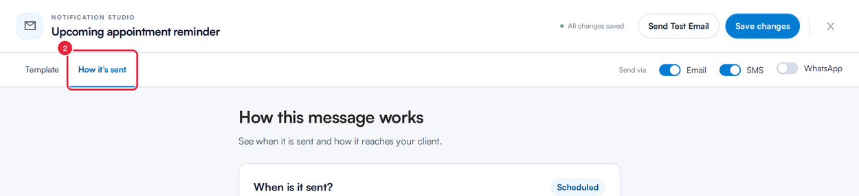 The top of the notification studio with the How it's sent tab marked