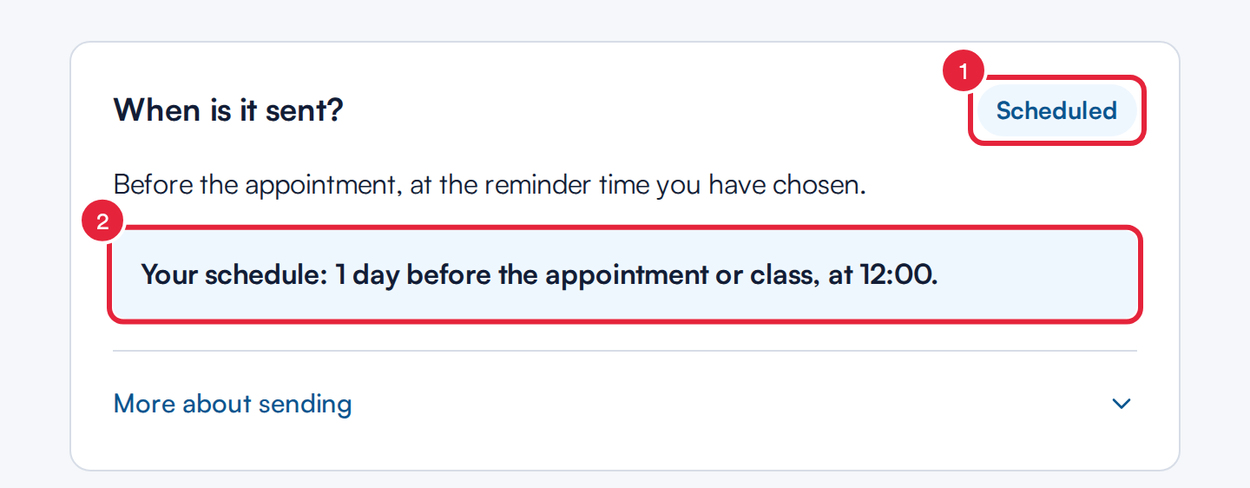 When is it sent for the Upcoming appointment reminder, with the Scheduled badge and the Your schedule line marked