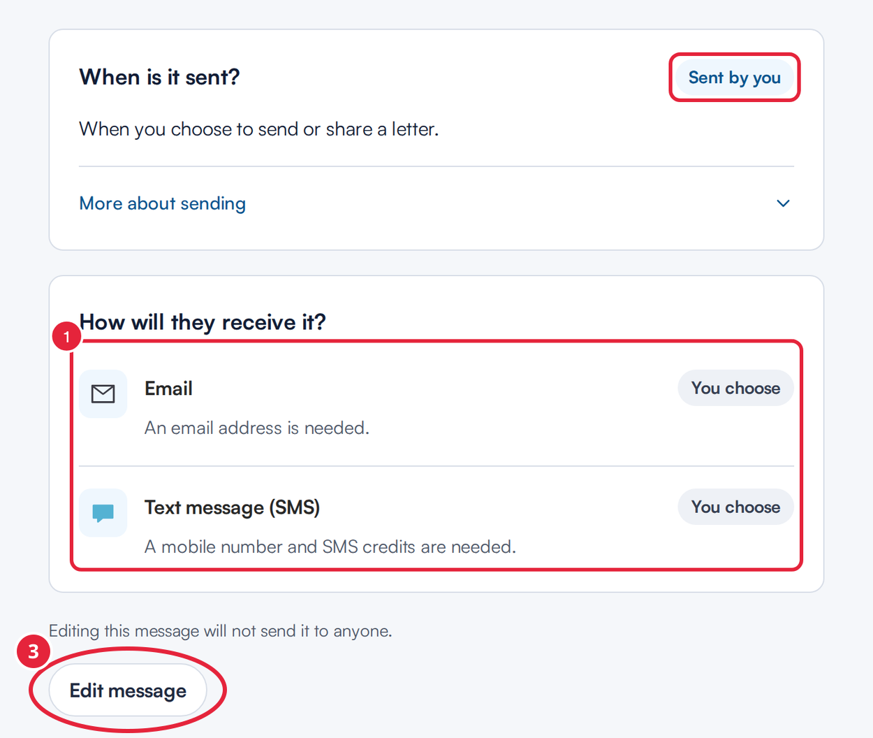 The How it's sent tab for Letters, showing the Sent by you badge, You choose next to Email and Text message, and the Edit message button