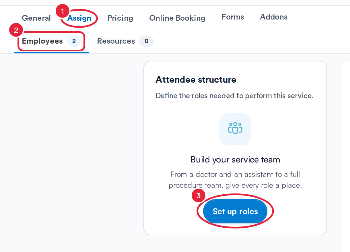 The Assign tab of a service with the Employees tab and the Set up roles button marked