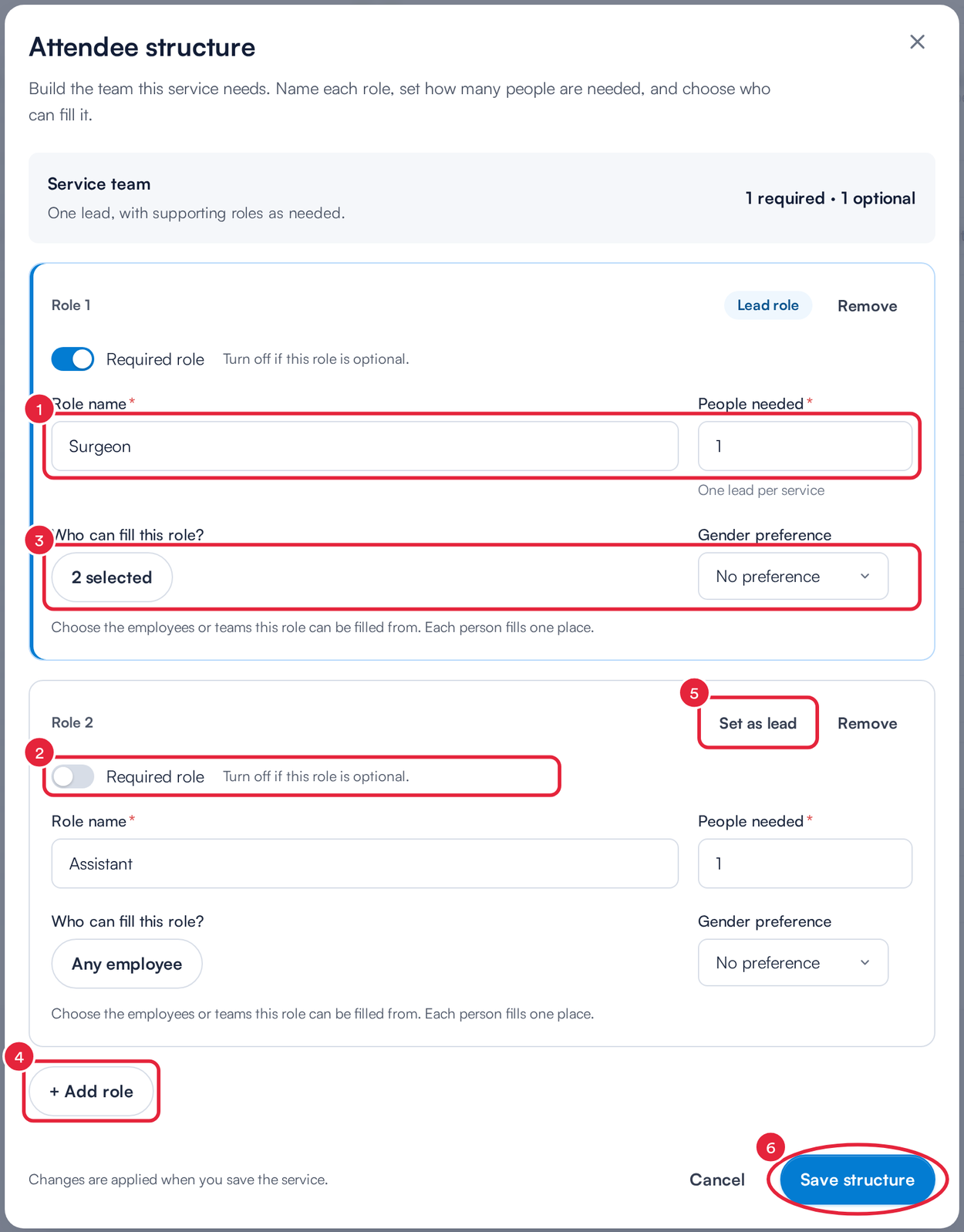 The Attendee structure window with two roles, showing the Role name and People needed, Required role switch, Who can fill this role and Gender preference, Add role, Set as lead and Save structure marked