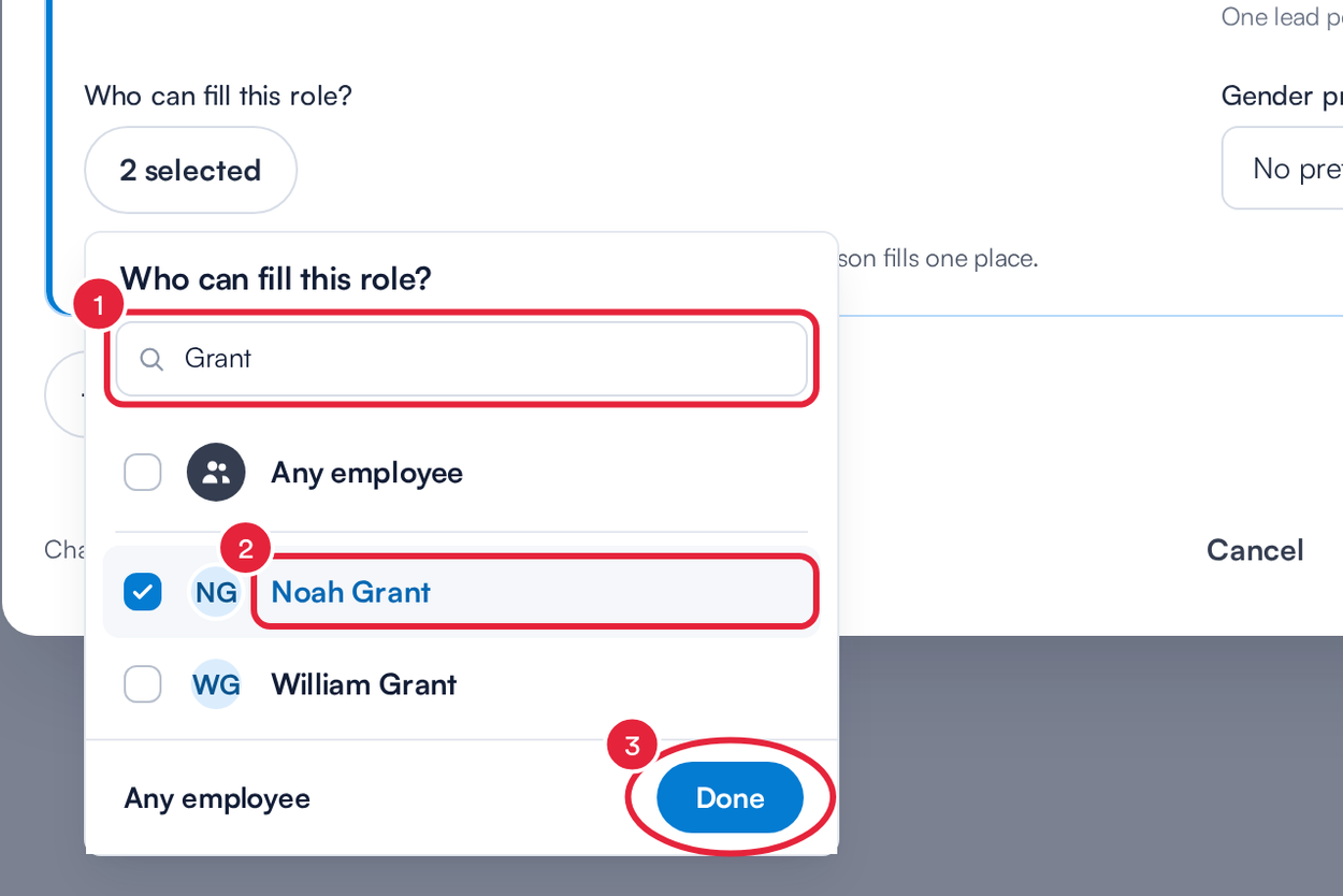 The Who can fill this role list with the search box, a ticked staff member and the Done button marked