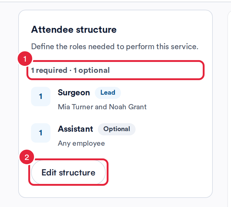 The Attendee structure card listing a lead Surgeon and an optional Assistant, with the summary and Edit structure marked