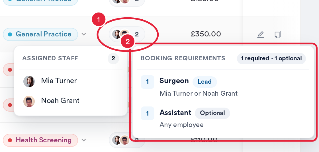 The Services list with the Staff assigned photos hovered, showing Assigned staff and the Booking requirements card