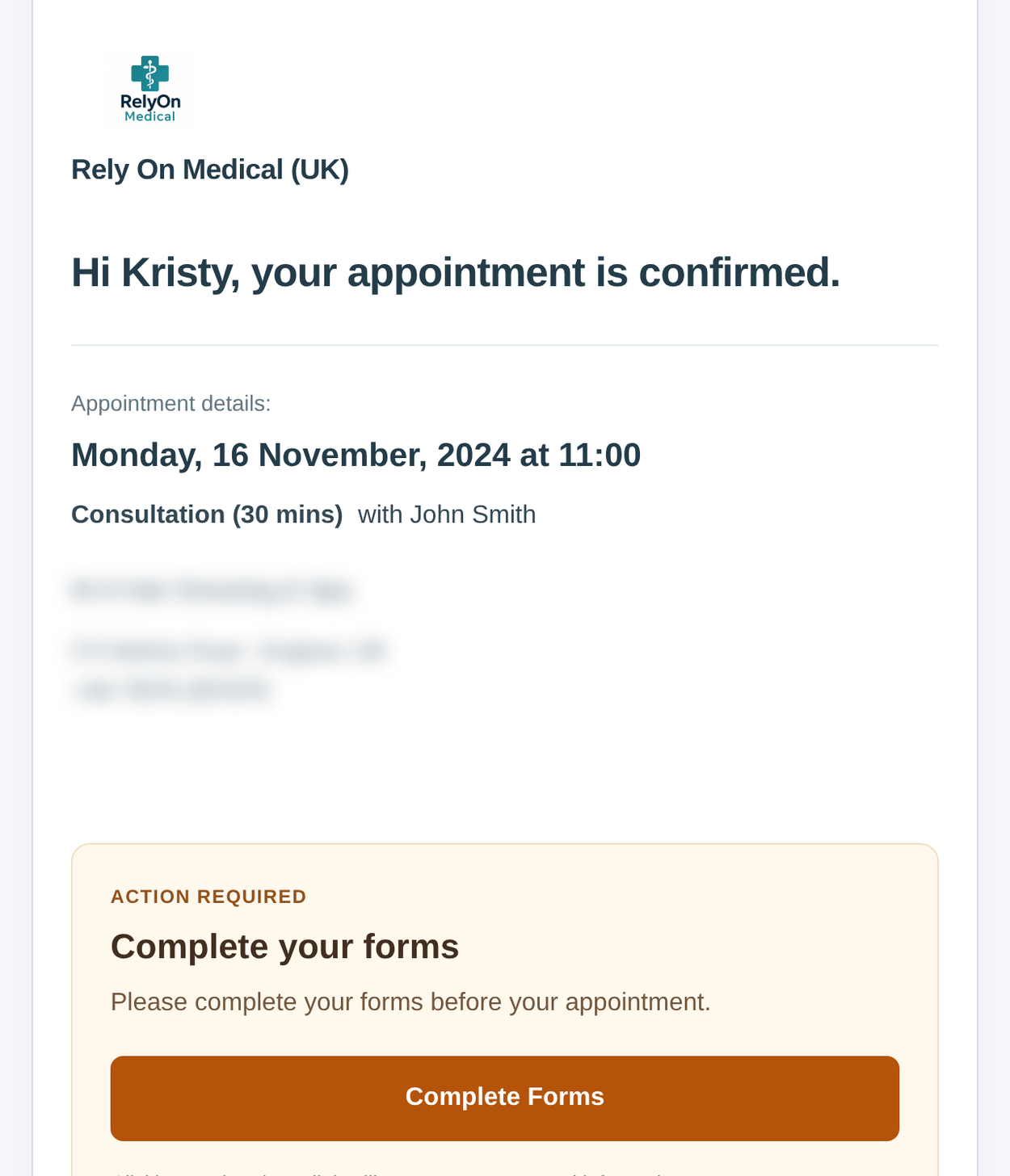 The live preview of the New appointment is booked email in the new design, with the appointment summary and the Action required forms panel