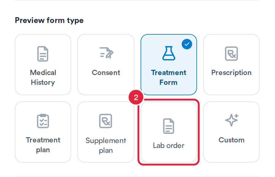 Preview form type cards with Lab order marked