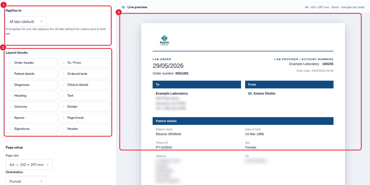 The lab order designer with Applies to, Layout blocks and the Live preview marked