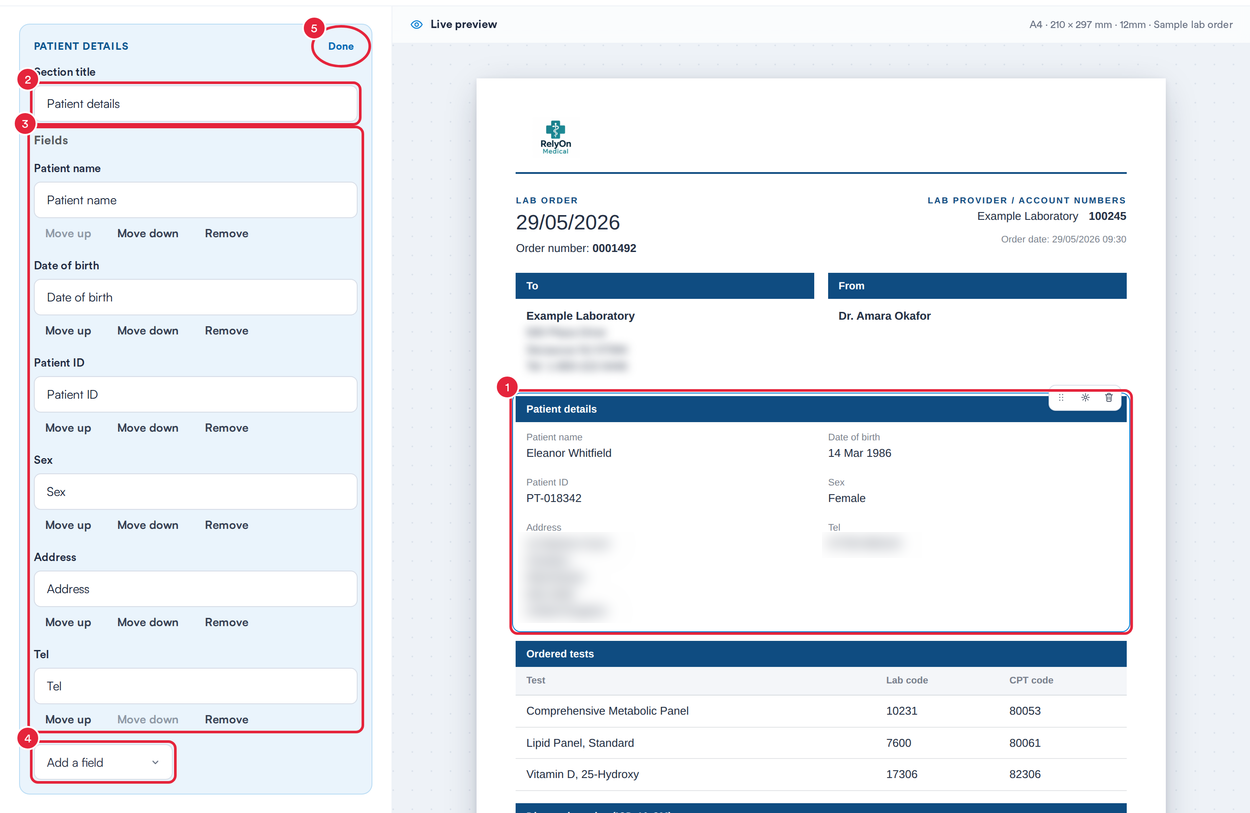 The Patient details section selected, with Section title, Fields, Add a field and Done marked