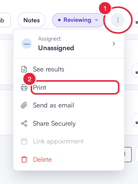 A lab request menu with Print marked