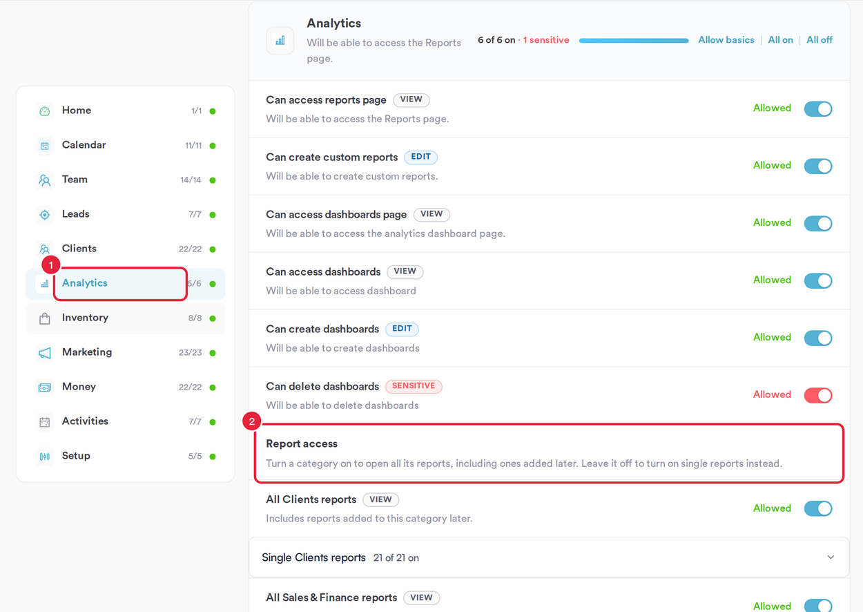 A staff member's Permissions tab with Analytics selected and the Report access section marked
