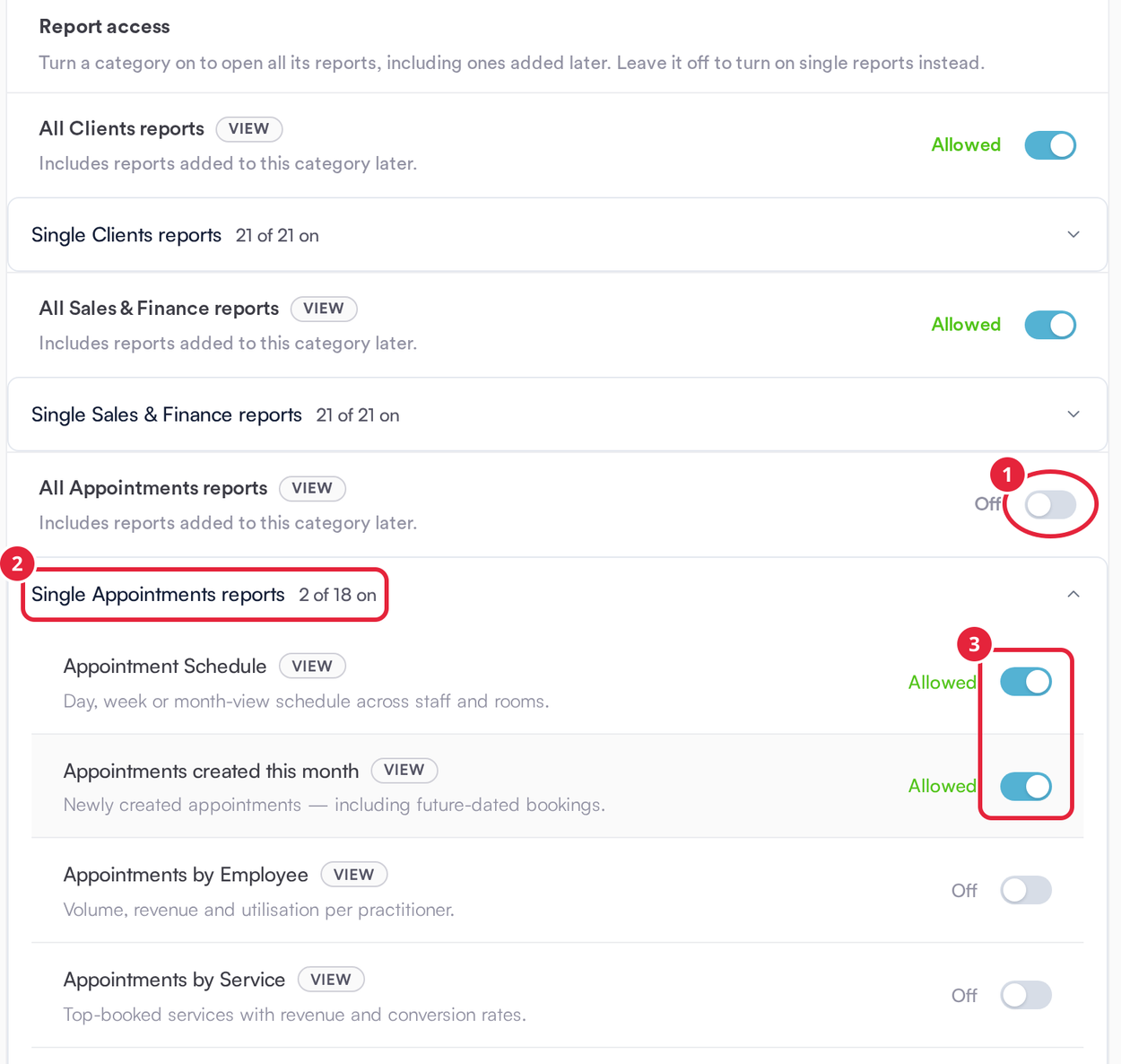 All Appointments reports switched off, Single Appointments reports expanded and two reports switched on