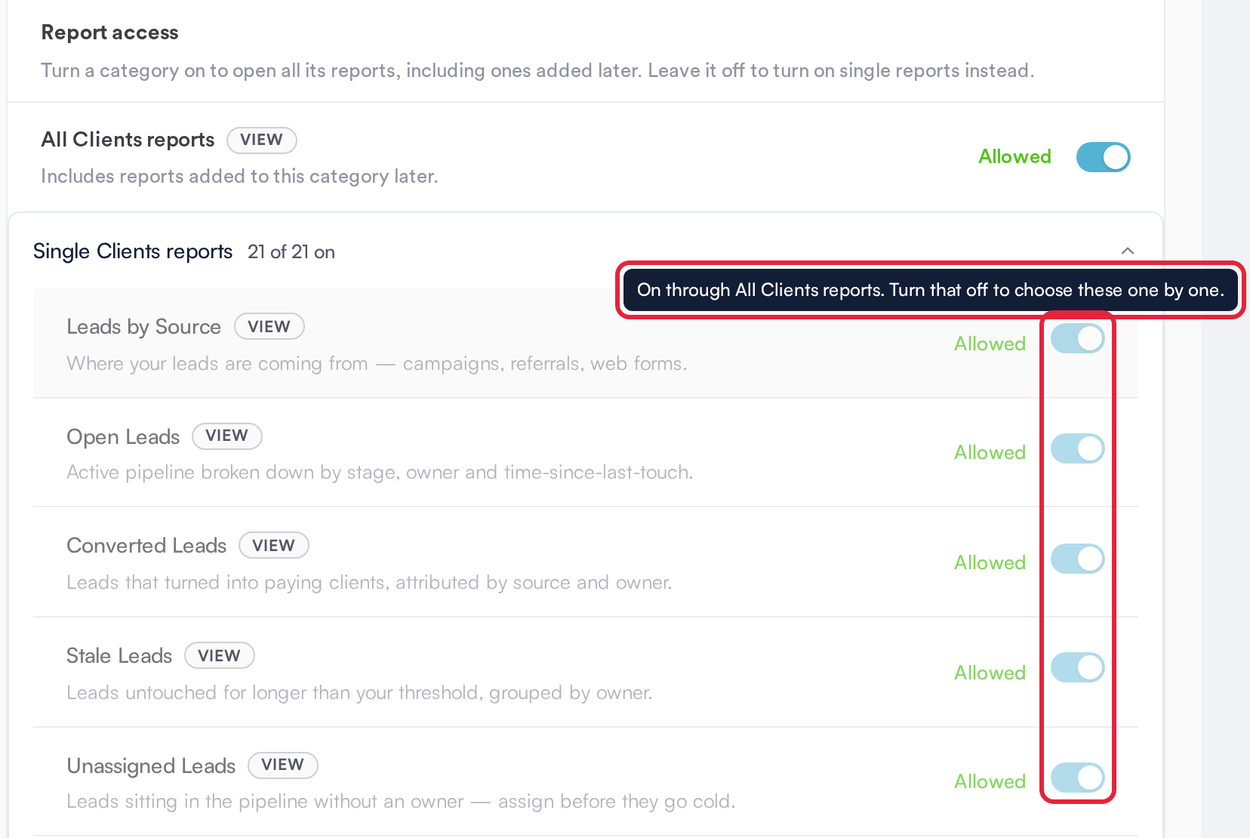 Single Clients reports locked on with the On through All Clients reports tooltip