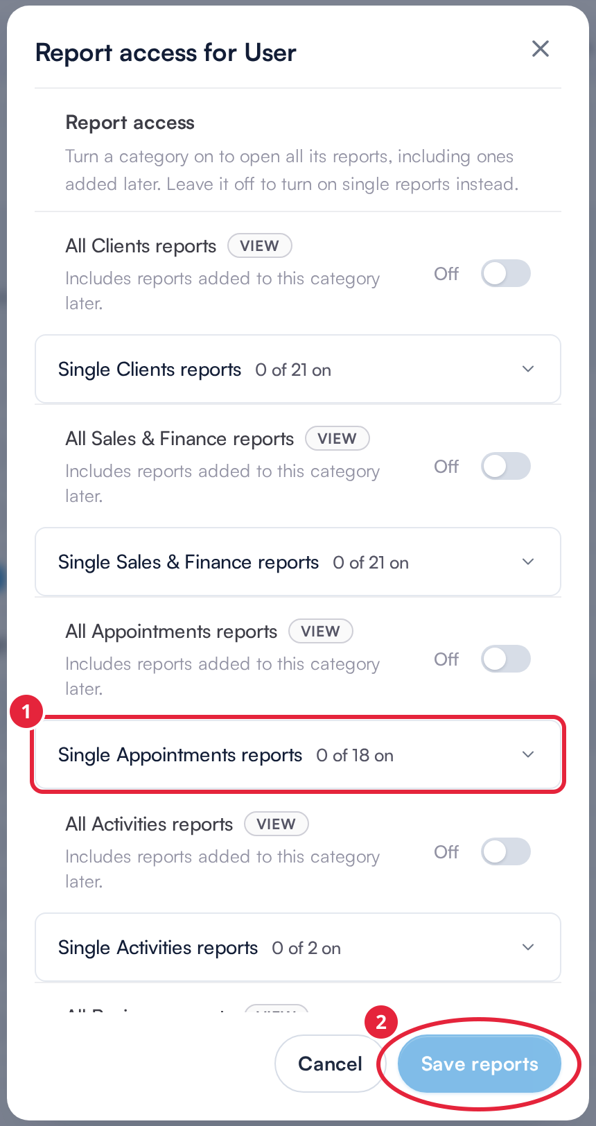 Report access for User with a single reports list and the Save reports button marked