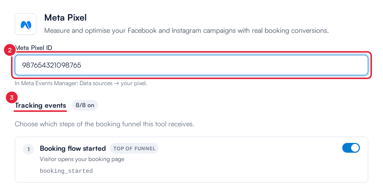 Enter your Meta Pixel ID and choose the tracking events