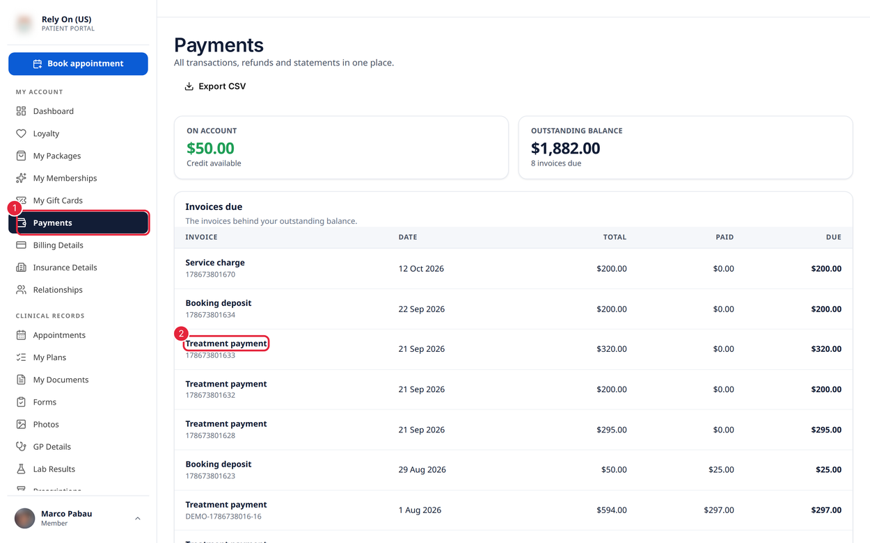The client’s Payments page