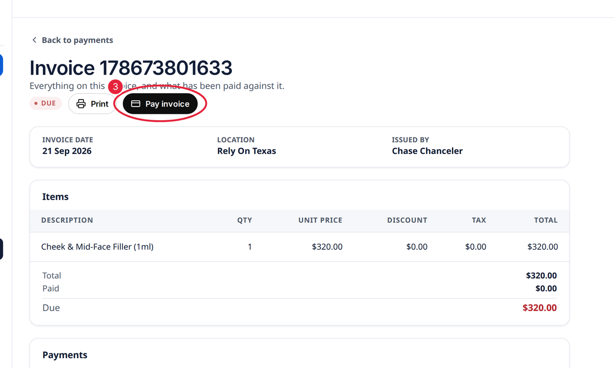 Pay invoice on the invoice page