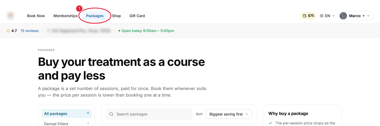 Click Packages at the top of the booking page