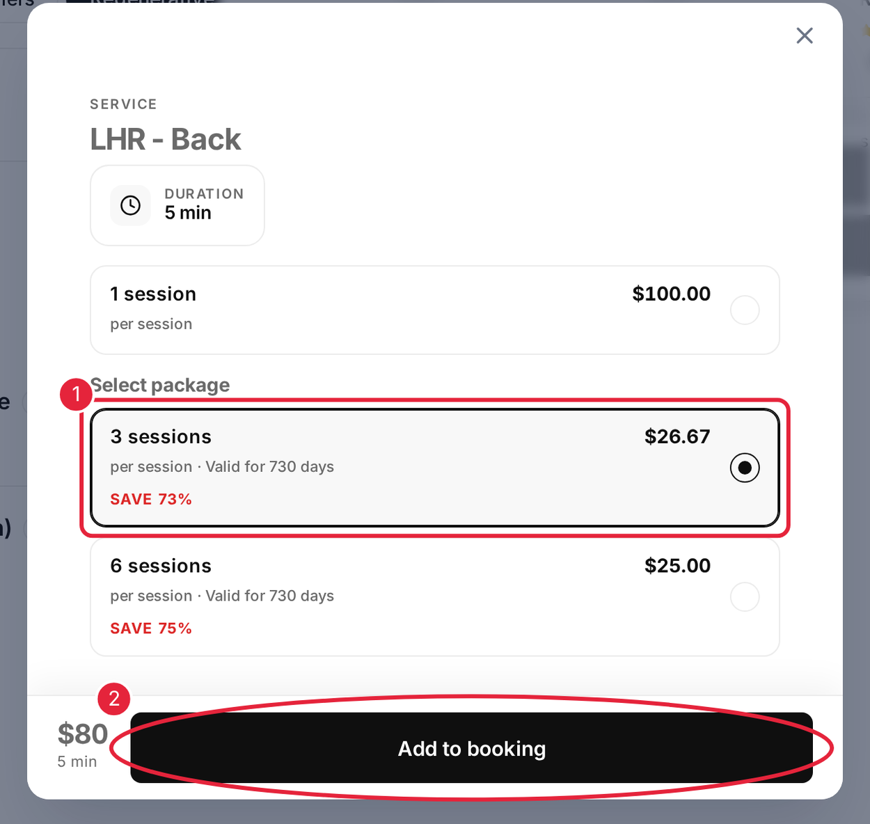 Choose a package instead of a single session, then click Add to booking