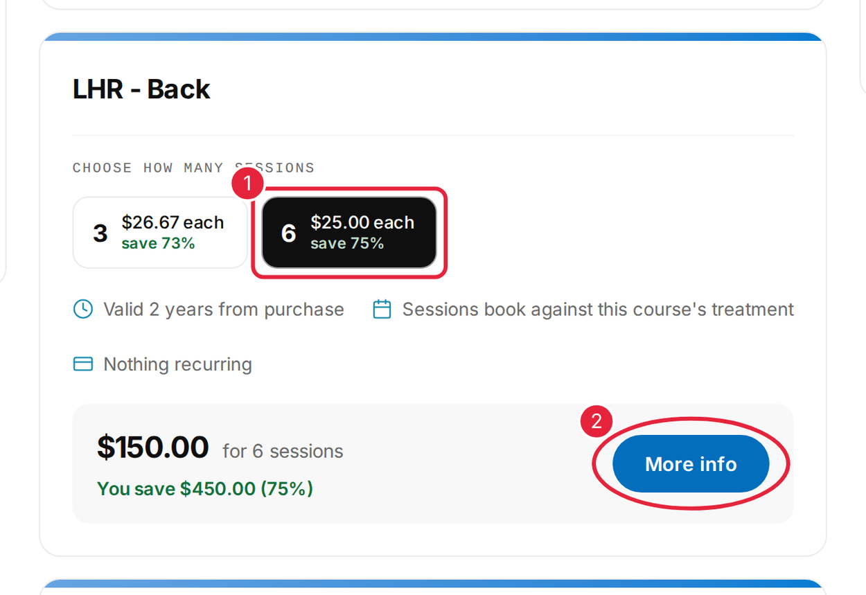 Choose how many sessions, then click More info