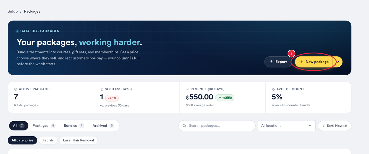 The Packages page with the New package button