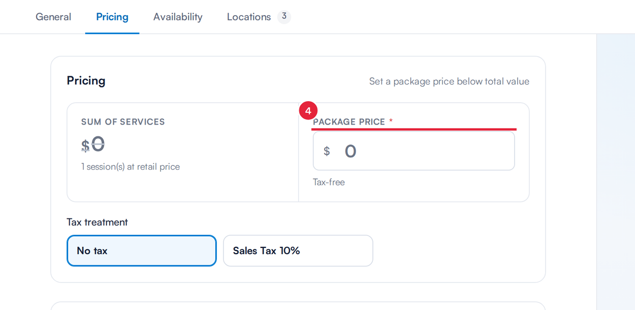 Enter the package price on the Pricing tab