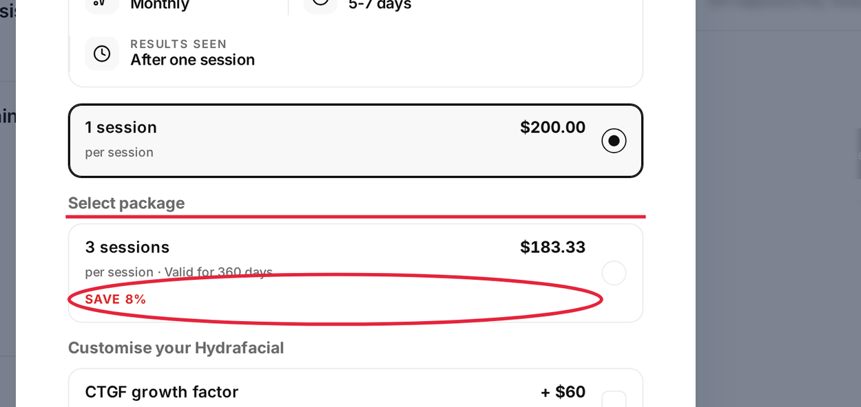 Select package in the service window on the booking page